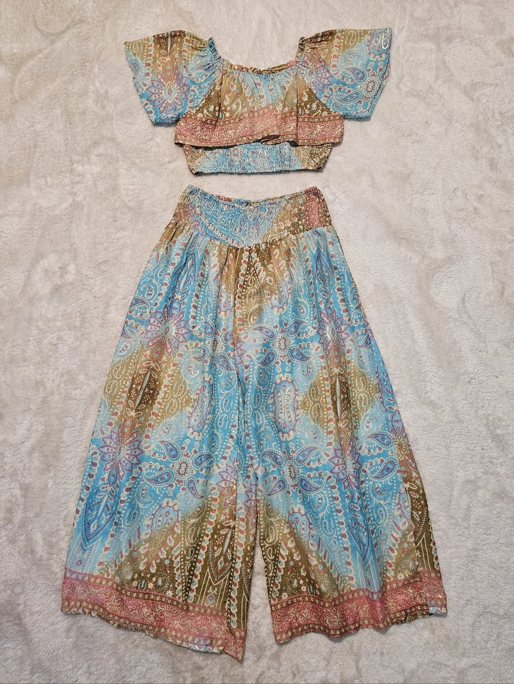 NEW Bohemian Wide Leg Pants Crop Top Set Size OS Blue Summer Feminine Paisley - Picture 2 of 11